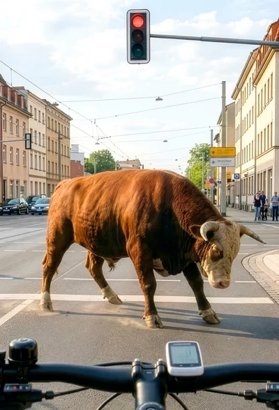 Stier steht an Kreuzung in der Stadt vor einer roten Ampel – ‚Besser mal ROT sehen!‘ (#aufjepasst)