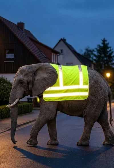 Elefant mit Warnweste nachts auf Straße – ‚Reflektier mal lieber‘ (#aufjepasst)