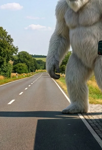 Bus am Straßenrand, Yeti will hinter dem Bus Straße überqueren – ‚Unverhofft kommt oft‘ (#aufjepasst)