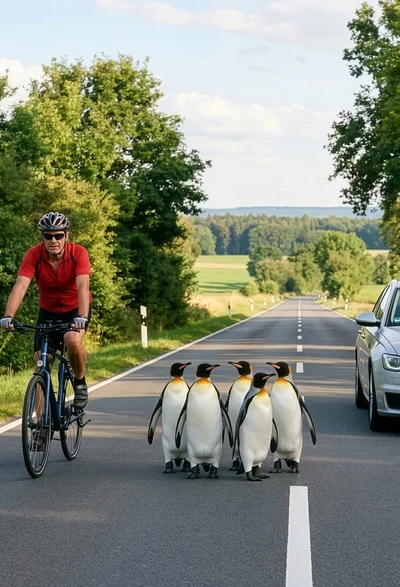 Radfahrer und Pinguine auf Landstraße, Auto überholt – ‚Mut zur Lücke‘ (#aufjepasst)