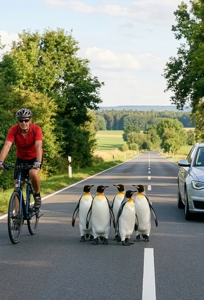 Radfahrer und Pinguine auf Landstraße, Auto überholt – ‚Mut zur Lücke‘ (#aufjepasst)