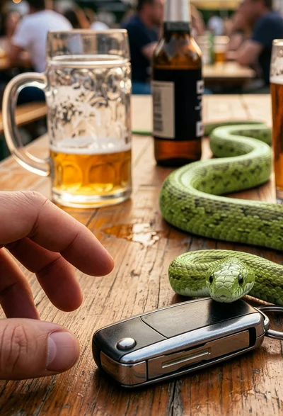 Autoschlüssel liegt neben Bier auf einem Tisch im Biergarten, eine Schlange legt ihren Kopf auf den Schlüssel – ‚Ohne Schlangenlinien sicher unterwegs‘ (#aufjepasst)