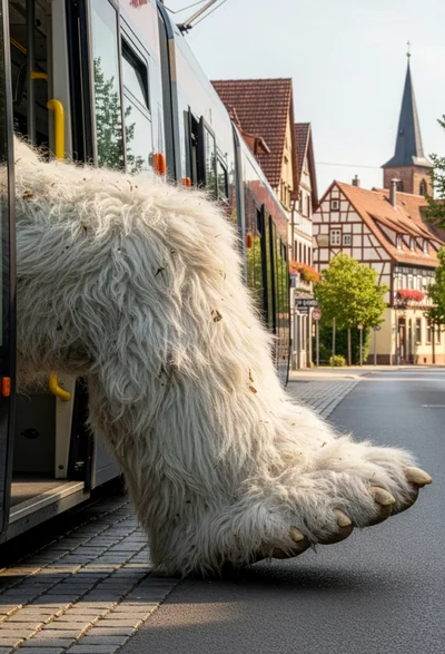 Straßenbahn in Stadt, Yeti-Bein ragt heraus – ‚Unverhofft kommt oft‘ (#aufjepasst)