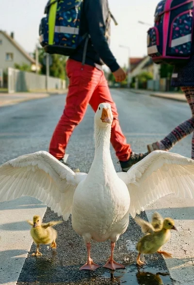 Gans hält schützend ihre Flügel vor Küken und Kindern die die Straße überqueren– ‚Gans vorsichtig‘ (#aufjepasst)