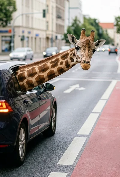 Giraffe streckt ihren Kopf aus dem Auto beim Abbiegen im Straßenverkehr – ‚Da kriegt man sooo’n HALS!‘ (#aufjepasst)
