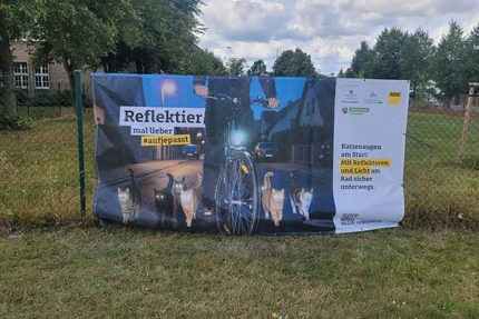 Altmarkkreis Salzwedel © Altmarkkreis Salzwedel Banner „Reflektier mal lieber“ zeigt einen Radfahrer und Katzen mit Reflektoren im Altmarkkreis Salzwedel.