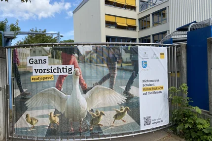 Bad Lauchstädt © Bad Lauchstädt aufjepasst-Schulweg-Banner „Gans vorsichtig“ an einem Schultor in Bad Lauchstädt.