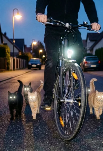 Radfahrer nachts mit Katzen die leuchtende Augen haben – ‚Reflektier mal lieber‘ (#aufjepasst)