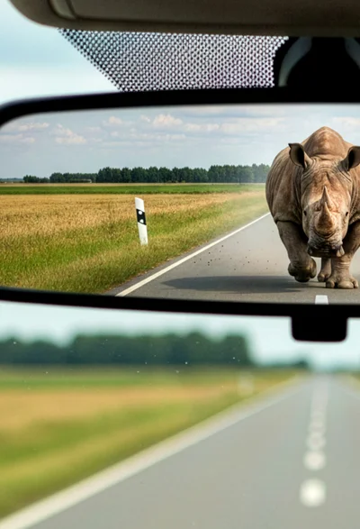Nashorn im Rückspiegel fährt dicht auf Auto auf – ‚Papa hat’s wieder eilig…‘ (#aufjepasst)