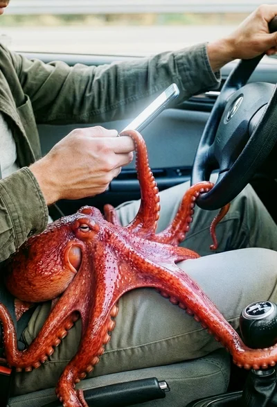 Autofahrer nutzt Handy, Oktopus sitzt auf seinem Schoß und greift nach dem Handy– ‚Mehr Fokus‘ (#aufjepasst)