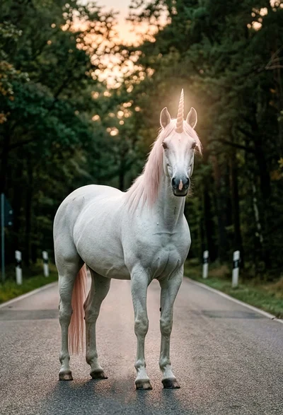 Einhorn steht auf Straße im Wald bei Wildwechsel-Schild – ‚Es könnte das Letzte sein‘ (#aufjepasst)
