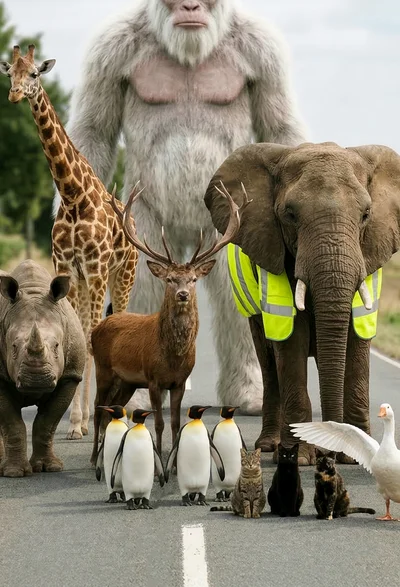 Kampagnentiere stehen gemeinsam auf einer Landstraße – Motiv zur Verkehrssicherheit (#aufjepasst)